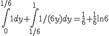 \int_0^{1/6}1dy+\int_{1/6}^11/(6y)dy=\frac{1}{6}+\frac{1}{6}\ln 6
